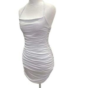 Shein White Ruched Halter Neck Bodycon Mini Dress Sleeveless Tie Back Size Small